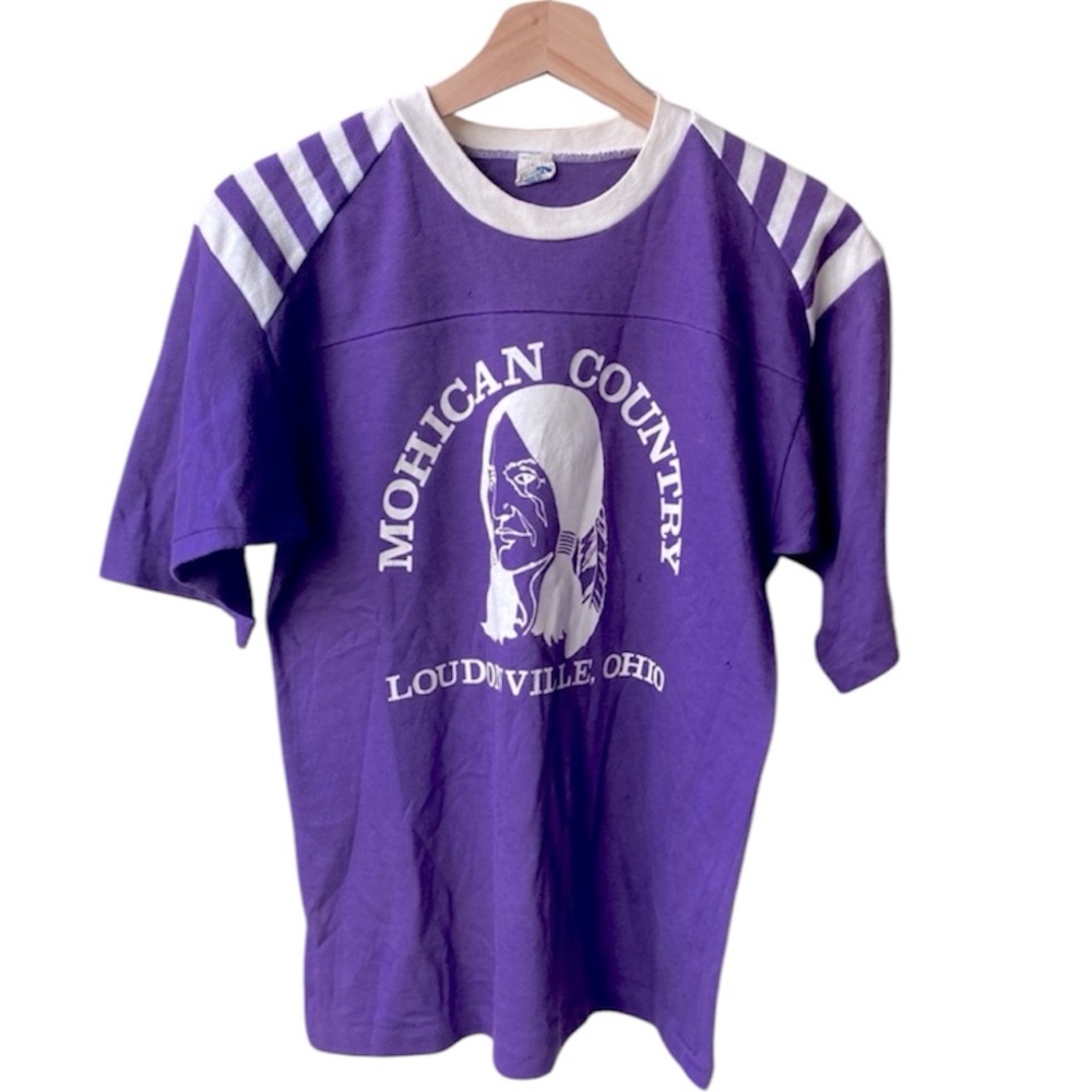 Vintage Mohican County T-shirt ringer raglan stripe 70s 80s Native purple white